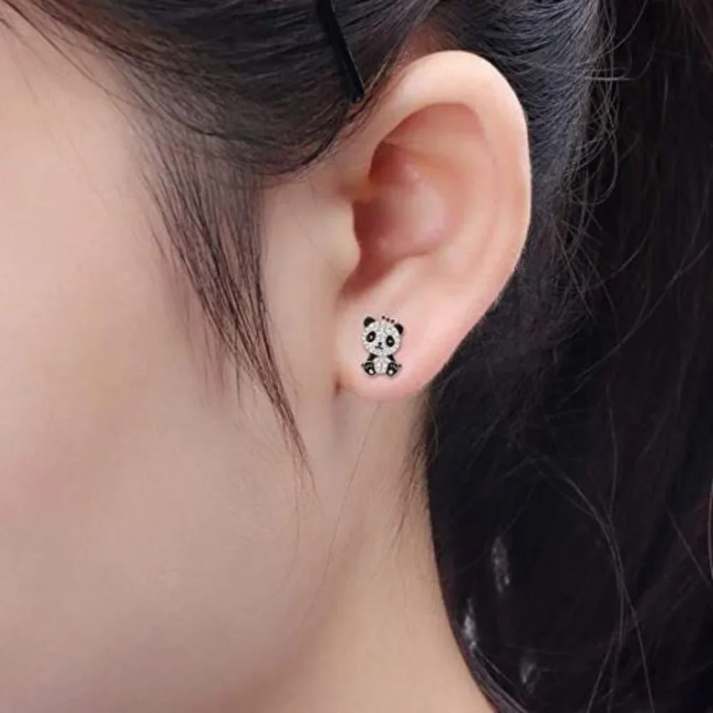 New Sterling Silver CZ Panda Studs